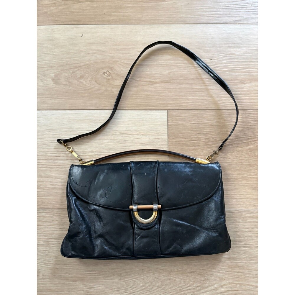 Vintage Black Leather Clutch Shoulder Bag Gold Tone Metal Clasp Flap Style